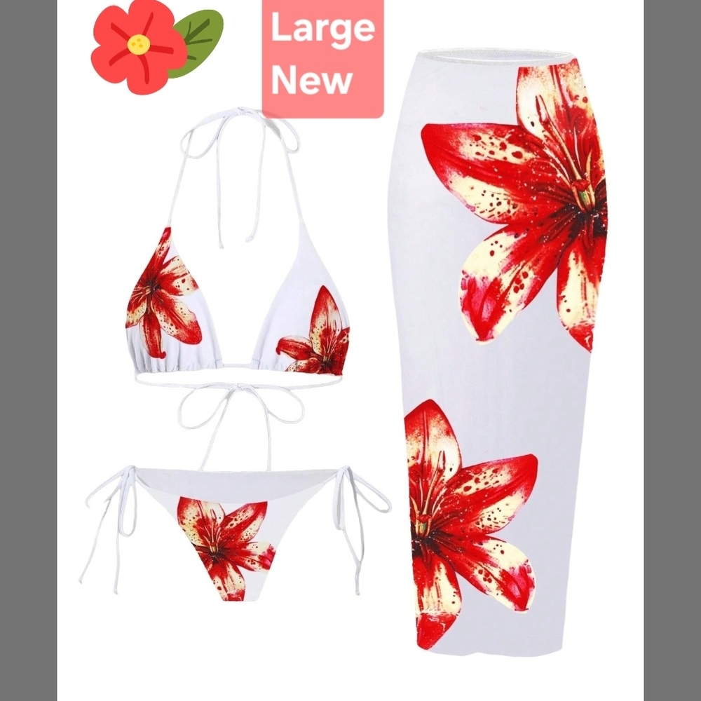 Zaful Red Floral 3 Piece String Bikini Set With Skirt Large